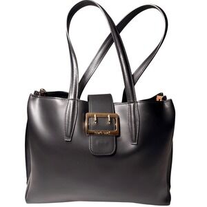 Roberto Cavalli Black Leather Shoulder Bag Leopard Print Lining Gold Buckle Tote